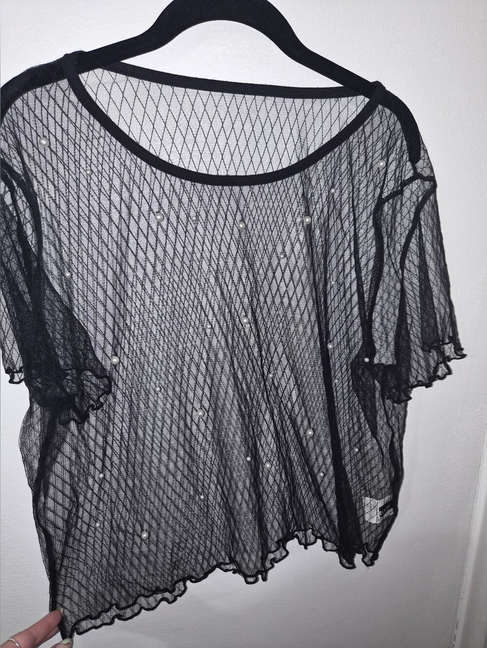 SHEIN Black Mesh Pearl-Embellished Short Sleeve Top